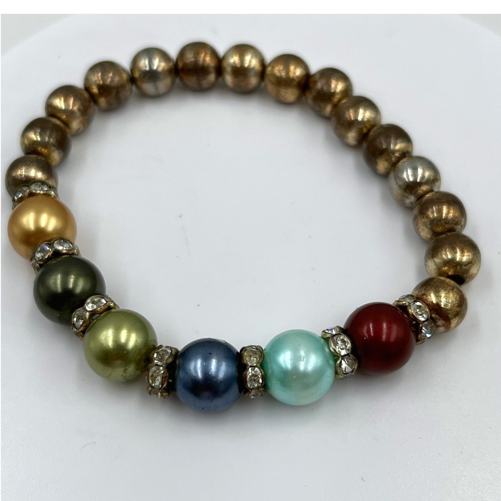Vintage Multicolor Pearl Beaded Stretch Bracelet with‎ Gold Tone Accent Beads